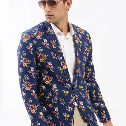 SHOWOFF Slim-Fit Floral Printed Chambray Notched Lapel Single Breasted Blazer-image-24