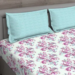 GM Sea Green & Pink Floral 150 TC Queen Bedsheet with 2 Pillow Covers image 2