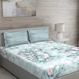 GM Blue Floral 144 TC Cotton 1 Super Queen Bedsheet with 2 Pillow Covers-image-6