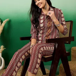 Sangria Maroon Printed Shirt Collar Shirt With Trousers-image-39