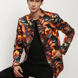 SHOWOFF Printed Slim-Fit Cotton Bandhgala Blazer-image-52