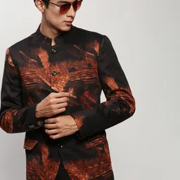 SHOWOFF Slim-Fit Printed Mandarin Collar Bandhgala Cotton Casual Blazer-image-45