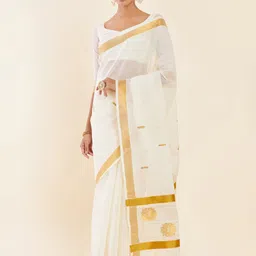 Soch Off White & Gold Ethnic Motifs Zari Pure Cotton Kasavu Saree-image-47