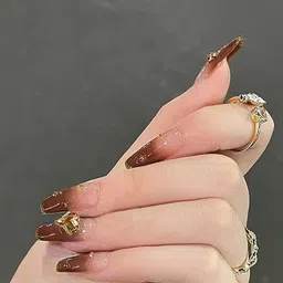 Secret Lives 24-Pcs Cats Eye with 3D Studs & Glitters Artificial Nails - Brown Golden-11