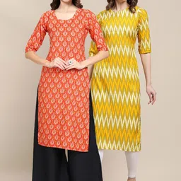 KALINI Women's Crepe Orange & Yellow Color Ethnic Motif Printed Straight Kurta Pack OF 2-picture-30