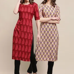 KALINI Women Pack Of 2 Maroon & Beige Printed Crepe Straight Kurta-image-52