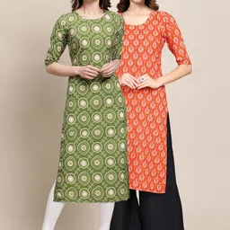 KALINI Women Pack Of 2 Orange & Green Ethnic Motifs Printed Summer Sheers Crepe Kurta-image-77