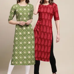 KALINI Women Pack of 2 Green & Red Ethnic Motifs Printed Crepe Kurta-picture-23