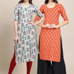KALINI Women Pack of 2 Off White & Orange Ethnic Motifs Printed Crepe Kurta-image-45