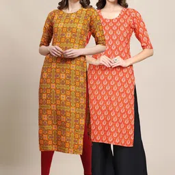 KALINI Women Pack of 2 Yellow & Orange Ethnic Motifs Printed Summer Sheers Crepe Kurta-image-67