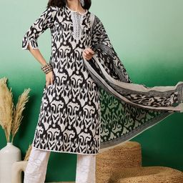Sangria Notch Neck Printed Pure Cotton Kurta With Trousers & Dupatta-picture-27