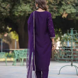 AHIKA Floral Embroidered Regular Sequinned Kurta With Trousers & Dupatta image 4