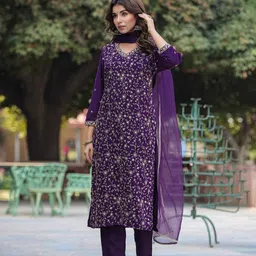 AHIKA Floral Embroidered Regular Sequinned Kurta With Trousers & Dupatta image 3