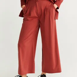 MANGO Women Rust Red Regular Fit Solid Cropped Parallel Trousers-18