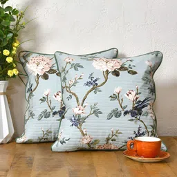 Clasiko Blue & Pink 2 Pieces Floral Cotton Square Cushion Covers-55