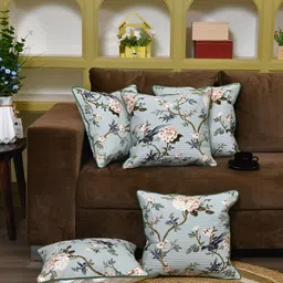 Clasiko Blue & Peach 5 Pieces Floral Printed Square Cushion Covers-image-17