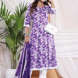 PARTHVI Women Floral Printed Regular Thread Work Kurta with Trousers & With Dupatta image 1