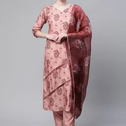 KALINI Floral Printed Regular Silk Chiffon Kurta With Trousers & Dupatta image 1