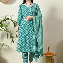 VIDHANI Women Ethnic Motifs Printed Regular Kurta with Trousers & With Dupatta-picture-1