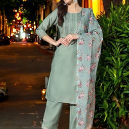 MORLY Ethnic Motifs Embroidered Regular Sequinned Kurta with Trousers & Dupatta-image-22