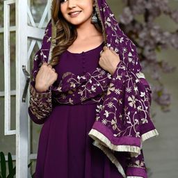 GRISHU COLLECTION Embroidered Sequinned Round Neck Anarkali Kurta With Trouser & Dupatta image 3