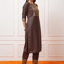 Vishudh Taupe Ethnic Motifs Printed Regular Kurta with Trouser & Dupatta image 2