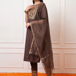 Vishudh Taupe Ethnic Motifs Printed Regular Kurta with Trouser & Dupatta image 4