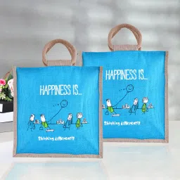 Jute Blue Happiness Grocery Bag with Handle|Medium|Pack of 2|Brown Pack of 2 Grocery Bags-image-66
