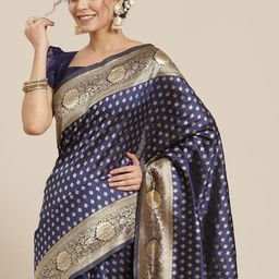 Mitera Navy Blue Woven Design Zari Silk Blend Dharmavaram Saree-image-62
