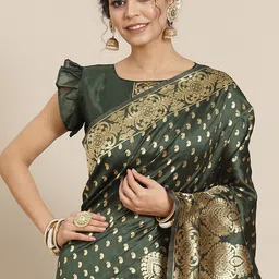 Mitera Green Ethnic Motifs Zari Silk Blend Kanjeevaram Saree-image-14