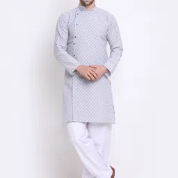 Benstoke Men Grey Printed Angrakha Kurta with Pyjamas-8