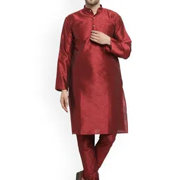 Benstoke Men Maroon Dupion Silk Kurta with Churidar-image-26
