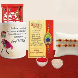 Rakhi Gift for Brother, Rakhi with Mug Combo Set, Rudraksh Rakhi for Brothers, Rakhi with Chocolate and Mug, Rakhi Set of 2, Multicolor Ceramic, Wool, Iron Gift Box-image-51