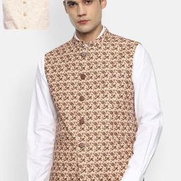 Van Heusen Men Beige & Brown Woven Design Reversible Nehru Jacket-3