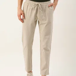 ether Men Beige & Grey Regular Fit Striped Sustainable Unbleached Fabric Regular Trousers-image-21