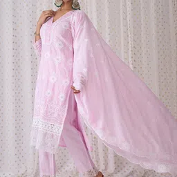 Indo Era V Neck Floral Embroidered Pure Cotton Kurta with Trouser & Dupatta-picture-48