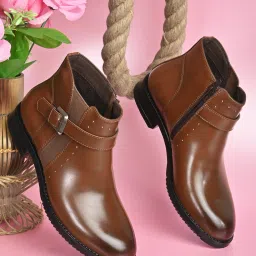 Women Tan Studded High Top Chelsea Blocked Heel Boots Boots For Women-image-45