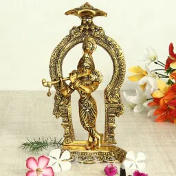 Antique Golden Aluminium Lord Krishna Playing Flute With A Frame At The Back Carved In Antique Golden Finish Idol By Handicrafts Paradise-picture-13