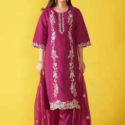 Anouk Magenta Floral Embroidered Chanderi Silk Straight Kurta With Trouser & Dupatta-48