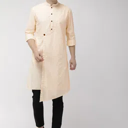 The Indian Garage Co Men Yellow & White Checked Straight Asymmetric Kurta-image-84