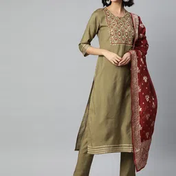 SERONA FABRICS Women Beige Floral Embroidered Kurta With Trousers & Dupatta-image-8