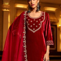 Indo Era Women Ethnic Motifs Embroidered Regular Velvet Kurta with Trousers & With Dupatta-picture-11