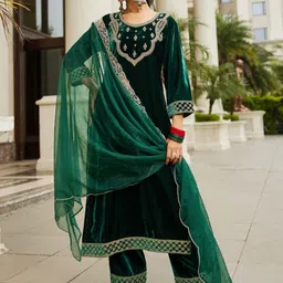 Indo Era Women Ethnic Motifs Embroidered Regular Velvet Kurta with Trousers & With Dupatta-image-97