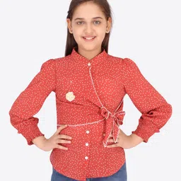 CUTECUMBER Girls Rust & White Mandarin Collar Georgette Shirt Style Top-image-13