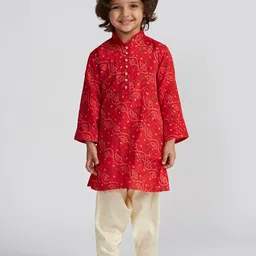 VASTRAMAY Boys Bandhani Printed Mandarin Collar Regular Kurta With Patiala-49