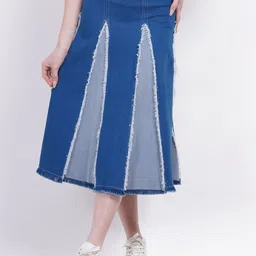 SUMAVI-FASHION Colourblocked Denim Midi  Skirts-image-78