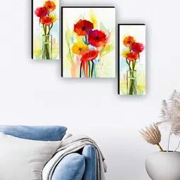 SAF Green & Red 3 Pieces Flower Pot UV Textured Paintings Wall Art-22