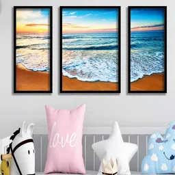 SAF Blue and Orange 3 Pieces Sea and Wave Painting UV Coating Wall Arts-image-1