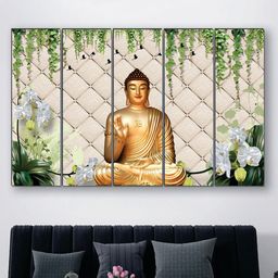 SAF Beige & Green 5 Pieces Buddha UV Textured Painting Wall Art-image-92