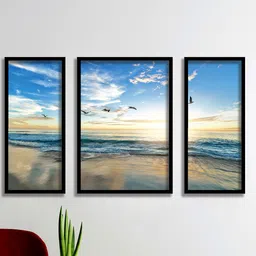 SAF Blue & Beige 3-Pieces Sea and Waves Printed UV Coating Wall Art-image-65